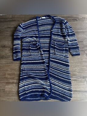 Free People Colette cardi duster sweater size small blue white